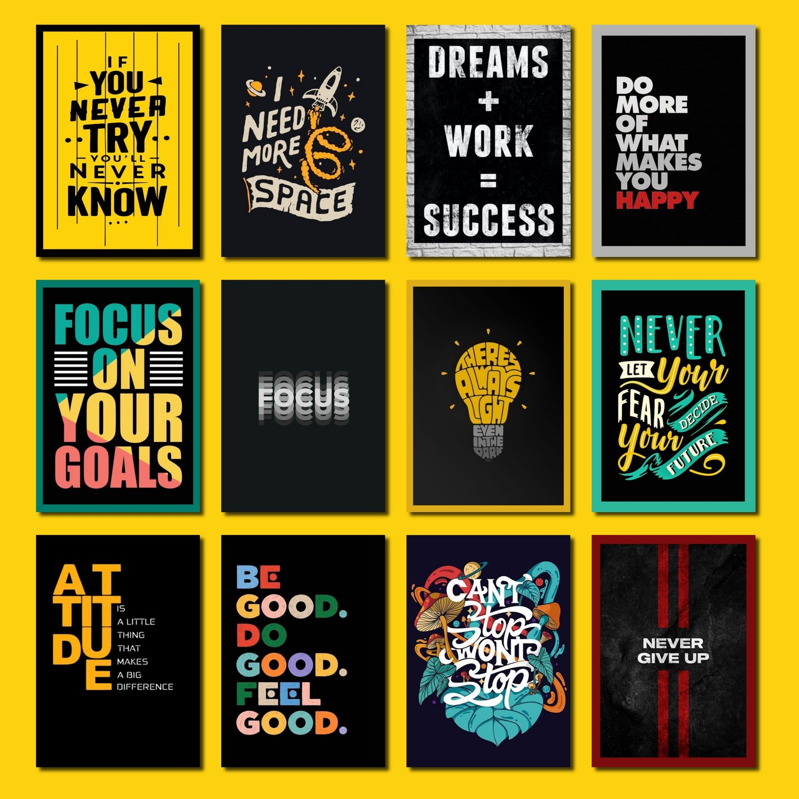 Motivational Posters Set of 12 – A4 Wall Art for Home, Study & Office