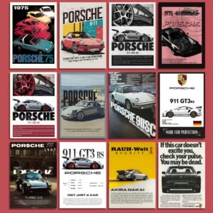 Porsche Car Posters Set of 12 – A4 Sports Car Wall Art Prints for Room & Home Decor
